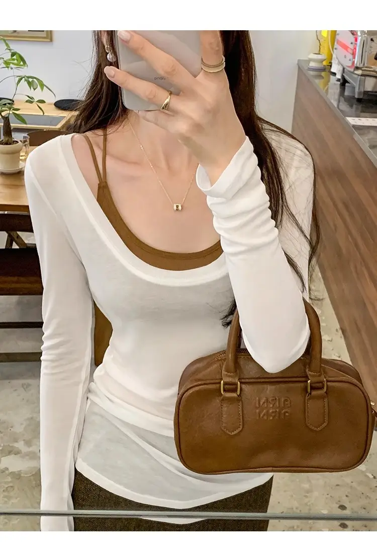 Tencel Skin-Friendly White Low Round Neck Bottoming Shirt Pure Lust Sexy Long-Sleeved T-Shirt Women's Autumn New Slim Inner Top — feature 6