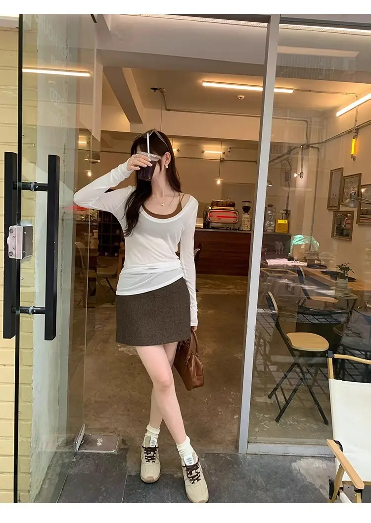 Tencel Skin-Friendly White Low Round Neck Bottoming Shirt Pure Lust Sexy Long-Sleeved T-Shirt Women's Autumn New Slim Inner Top — feature 8