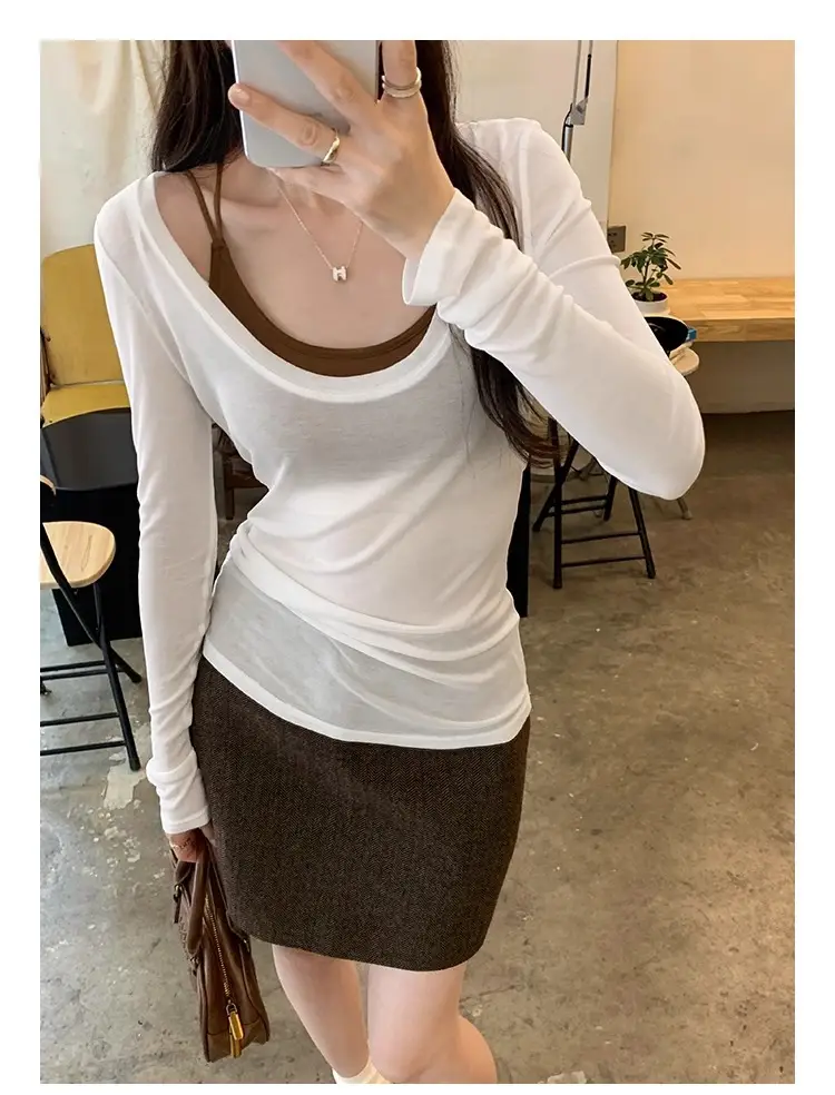 Tencel Skin-Friendly White Low Round Neck Bottoming Shirt Pure Lust Sexy Long-Sleeved T-Shirt Women's Autumn New Slim Inner Top — feature 9