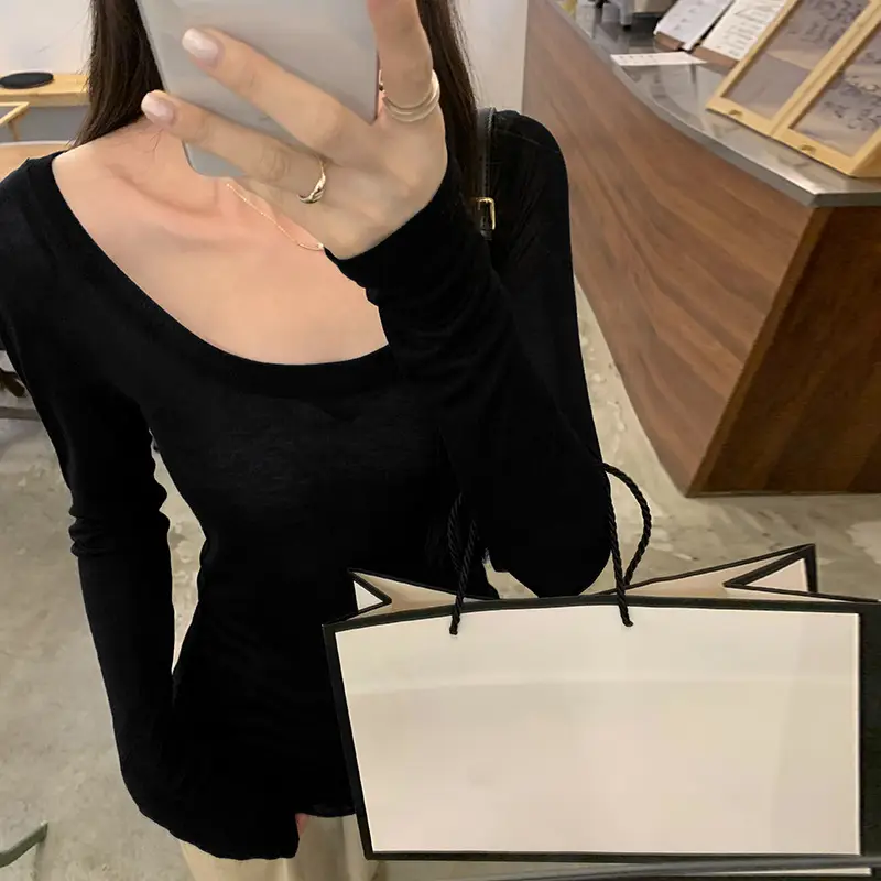 Tencel Skin-Friendly White Low Round Neck Bottoming Shirt Pure Lust Sexy Long-Sleeved T-Shirt Women's Autumn New Slim Inner Top