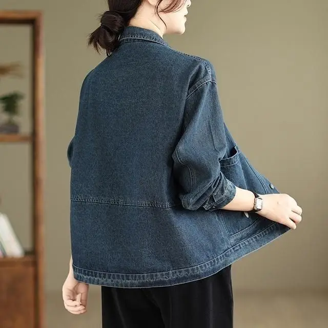 Dark Blue Lapel Denim Jacket Women Spring Autumn Large Pocket