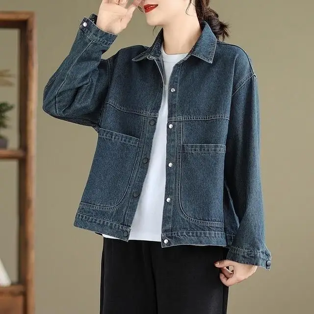 Dark Blue Lapel Denim Jacket Women Spring Autumn Large Pocket