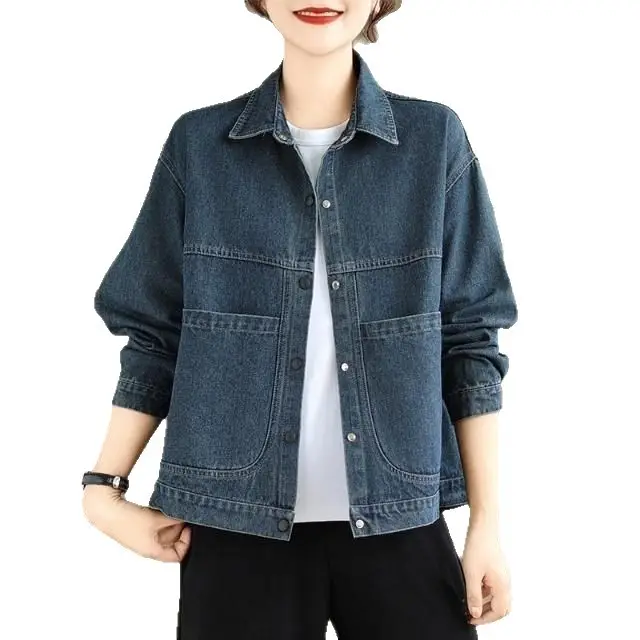 Dark Blue Lapel Denim Jacket Women Spring Autumn Large Pocket