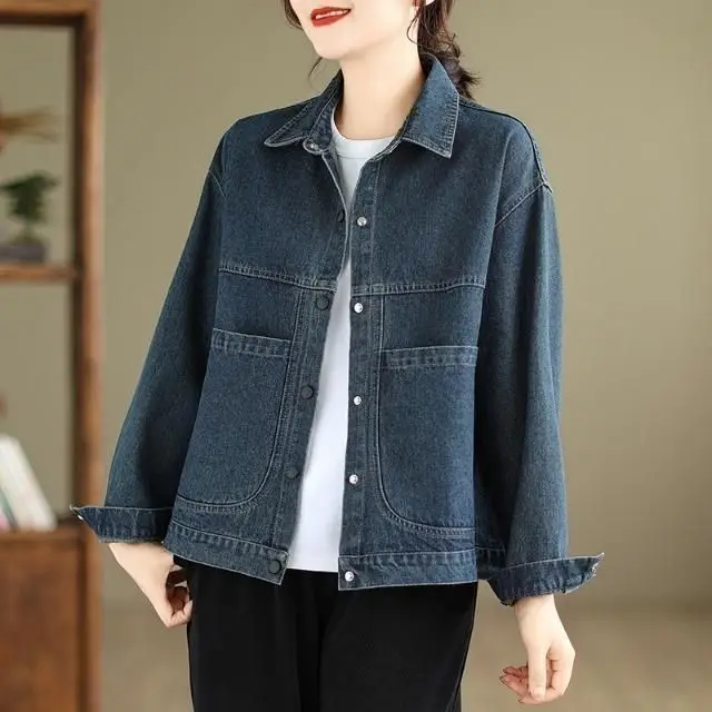 Dark Blue Lapel Denim Jacket Women Spring Autumn Large Pocket — feature 1