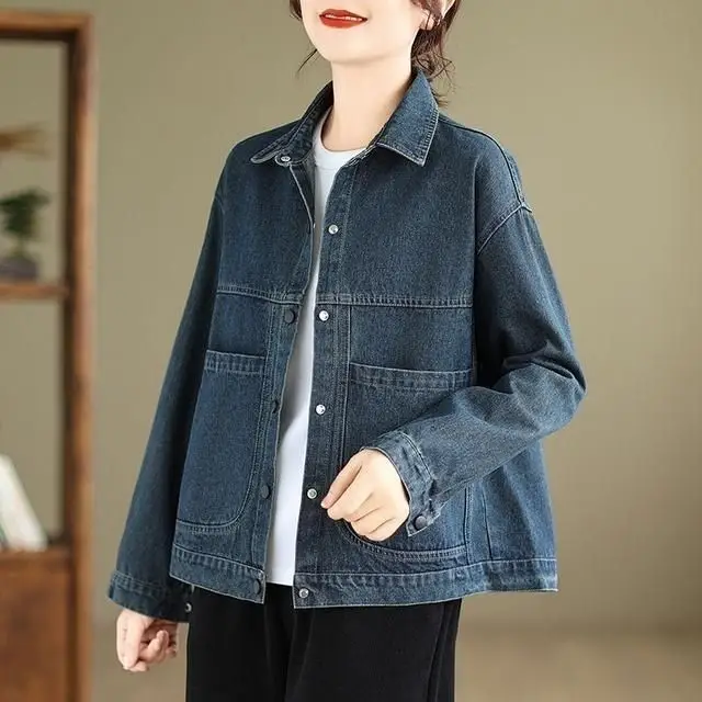 Dark Blue Lapel Denim Jacket Women Spring Autumn Large Pocket — feature 5