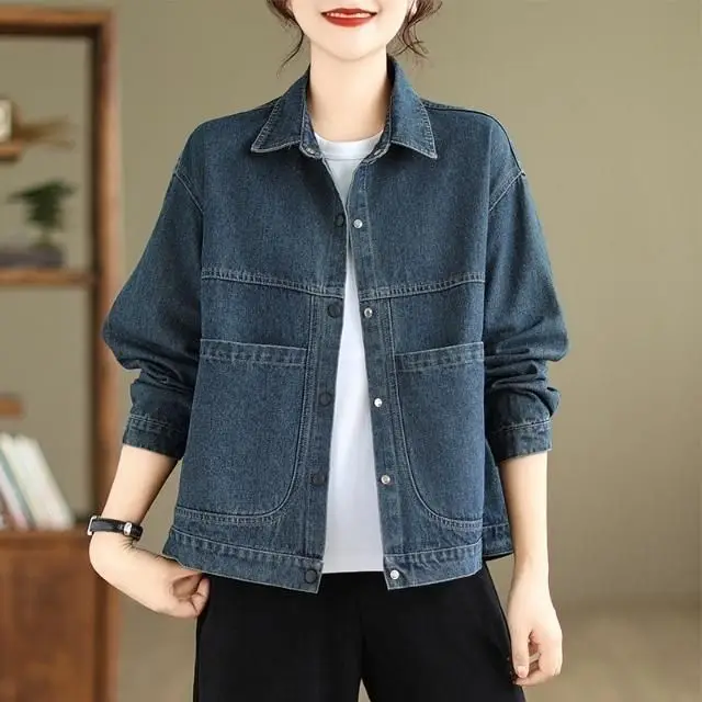Dark Blue Lapel Denim Jacket Women Spring Autumn Large Pocket — feature 6