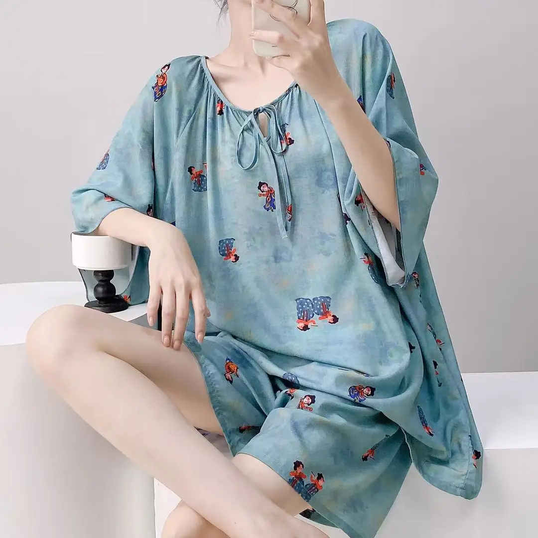 New Summer Cotton Silk Loose Pajamas for Women Summer Thin Women's Artificial Cotton Long-Sleeved Lazy Short-Sleeved Suit Home Clothes