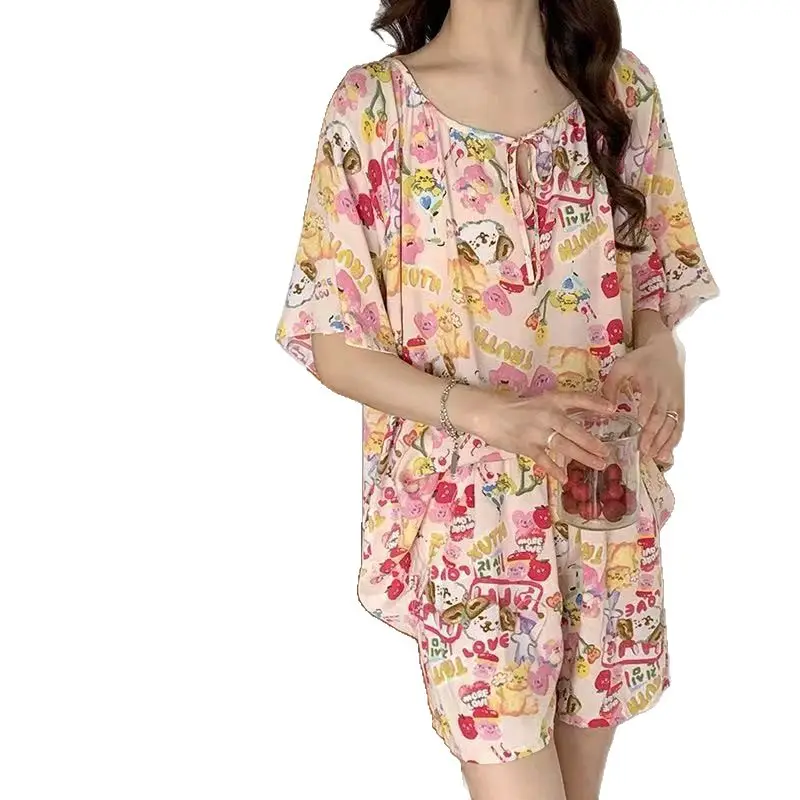 New Summer Cotton Silk Loose Pajamas for Women Summer Thin Women's Artificial Cotton Long-Sleeved Lazy Short-Sleeved Suit Home Clothes