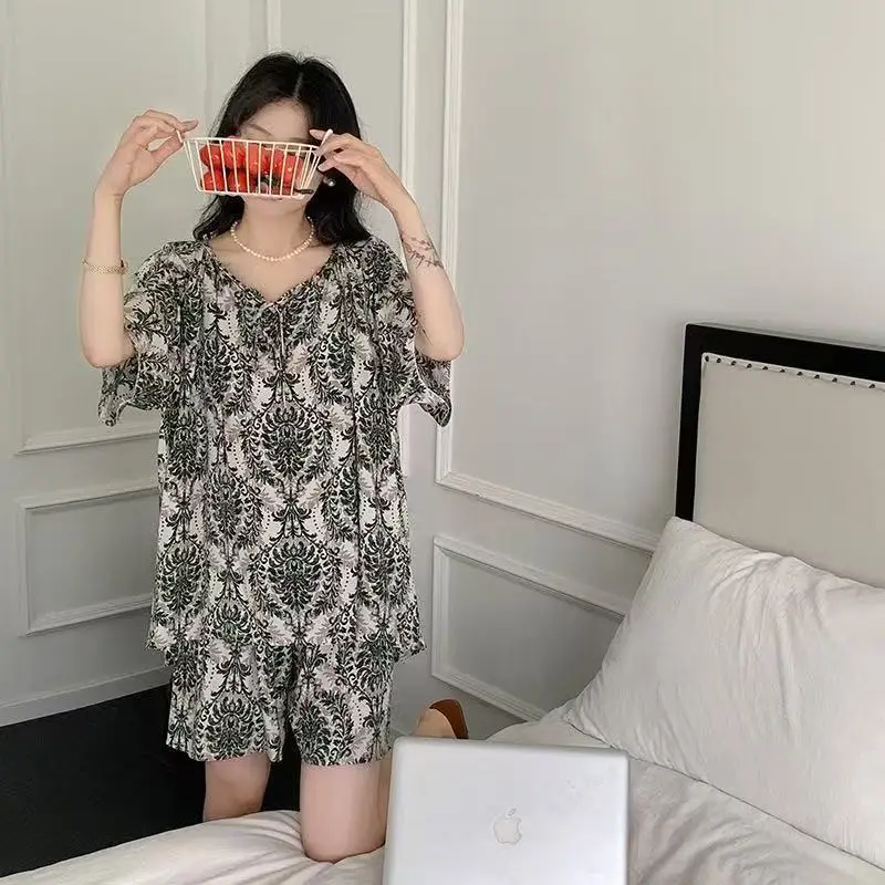 New Summer Cotton Silk Loose Pajamas for Women Summer Thin Women's Artificial Cotton Long-Sleeved Lazy Short-Sleeved Suit Home Clothes — feature 11