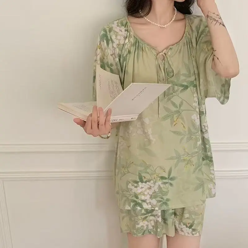 New Summer Cotton Silk Loose Pajamas for Women Summer Thin Women's Artificial Cotton Long-Sleeved Lazy Short-Sleeved Suit Home Clothes — feature 13