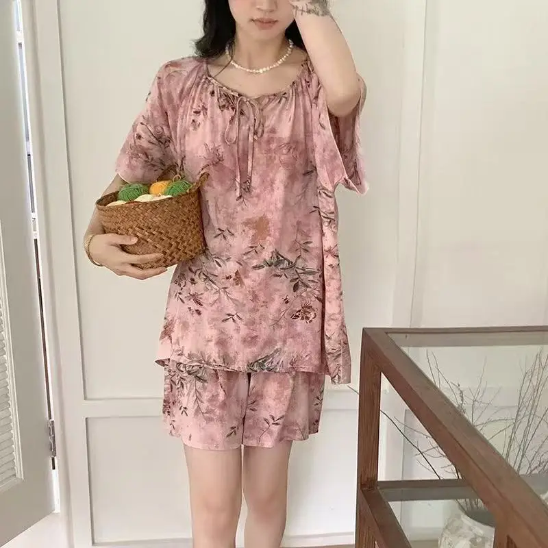 New Summer Cotton Silk Loose Pajamas for Women Summer Thin Women's Artificial Cotton Long-Sleeved Lazy Short-Sleeved Suit Home Clothes — feature 15