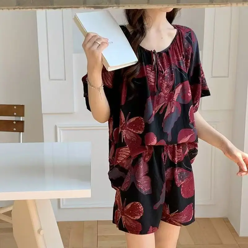New Summer Cotton Silk Loose Pajamas for Women Summer Thin Women's Artificial Cotton Long-Sleeved Lazy Short-Sleeved Suit Home Clothes — feature 16