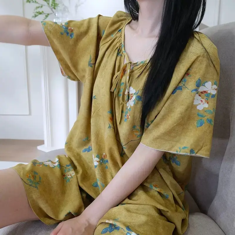 New Summer Cotton Silk Loose Pajamas for Women Summer Thin Women's Artificial Cotton Long-Sleeved Lazy Short-Sleeved Suit Home Clothes — feature 3