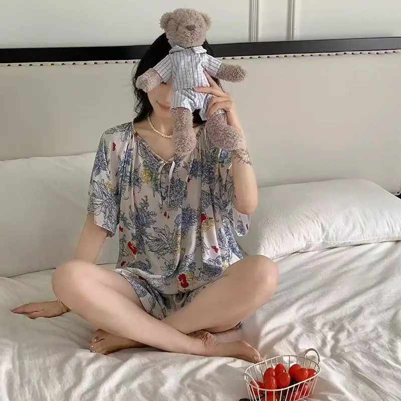New Summer Cotton Silk Loose Pajamas for Women Summer Thin Women's Artificial Cotton Long-Sleeved Lazy Short-Sleeved Suit Home Clothes — feature 4