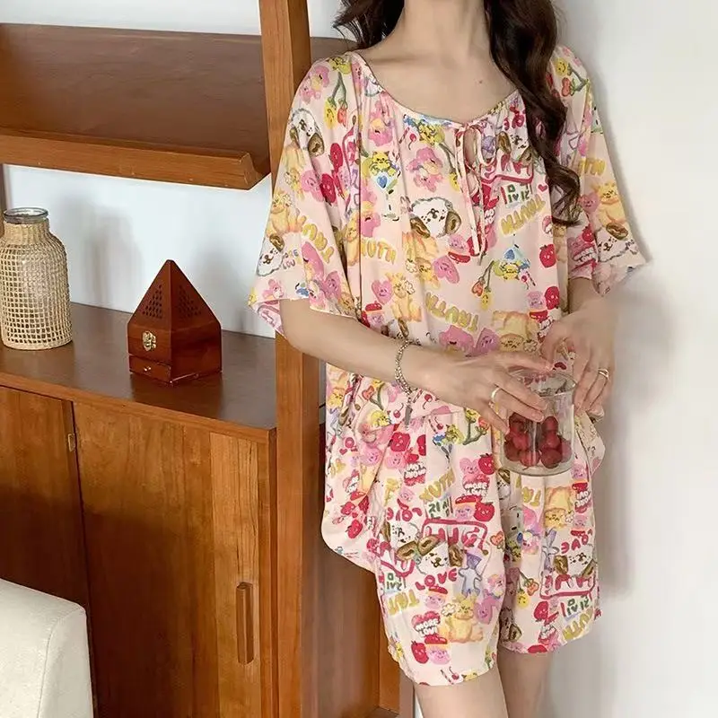 New Summer Cotton Silk Loose Pajamas for Women Summer Thin Women's Artificial Cotton Long-Sleeved Lazy Short-Sleeved Suit Home Clothes — feature 5
