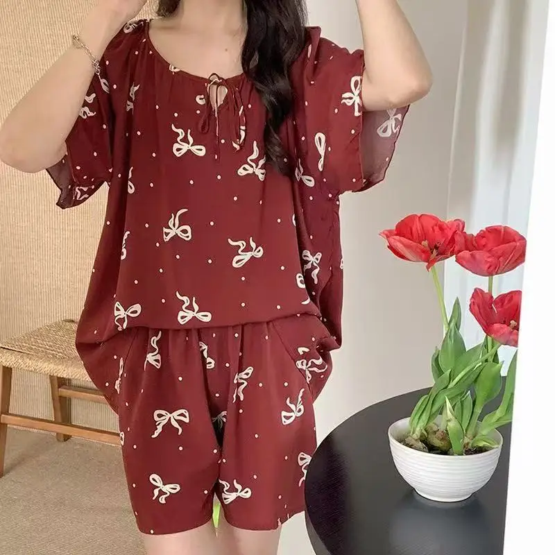 New Summer Cotton Silk Loose Pajamas for Women Summer Thin Women's Artificial Cotton Long-Sleeved Lazy Short-Sleeved Suit Home Clothes — feature 7