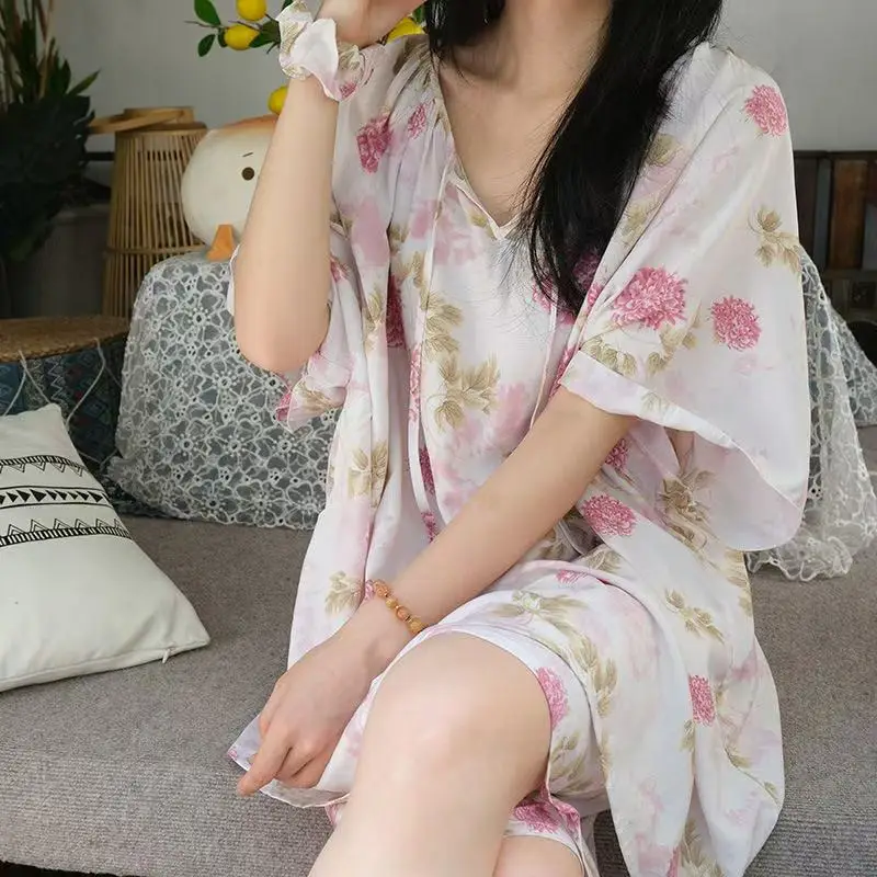 New Summer Cotton Silk Loose Pajamas for Women Summer Thin Women's Artificial Cotton Long-Sleeved Lazy Short-Sleeved Suit Home Clothes — feature 8