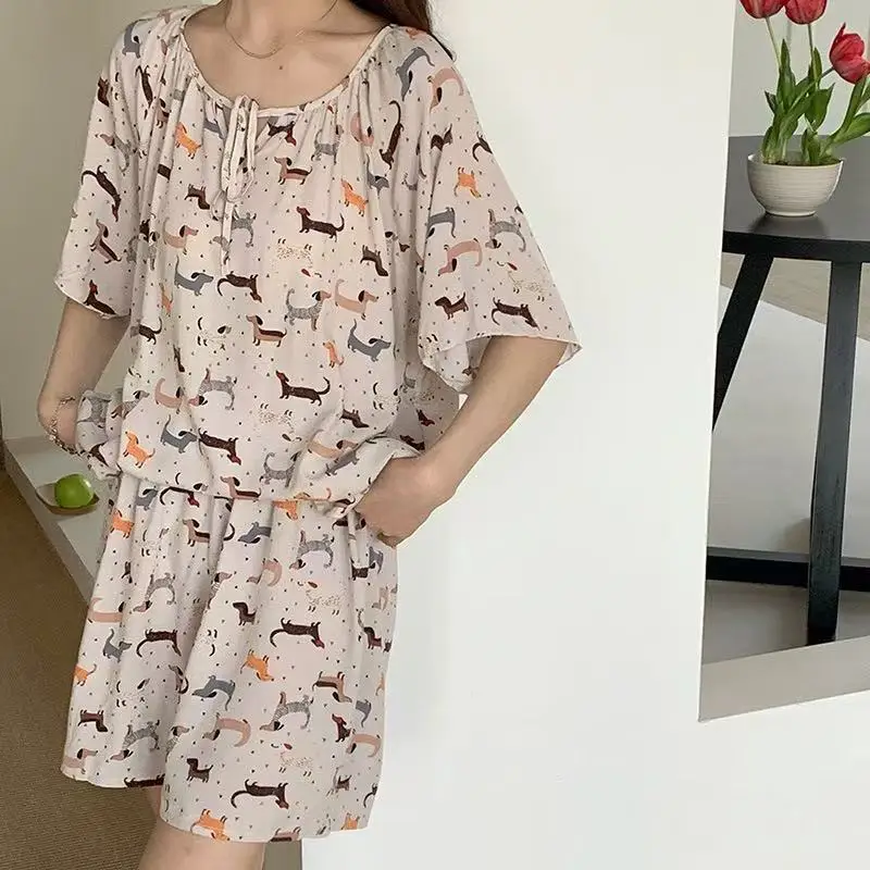 New Summer Cotton Silk Loose Pajamas for Women Summer Thin Women's Artificial Cotton Long-Sleeved Lazy Short-Sleeved Suit Home Clothes