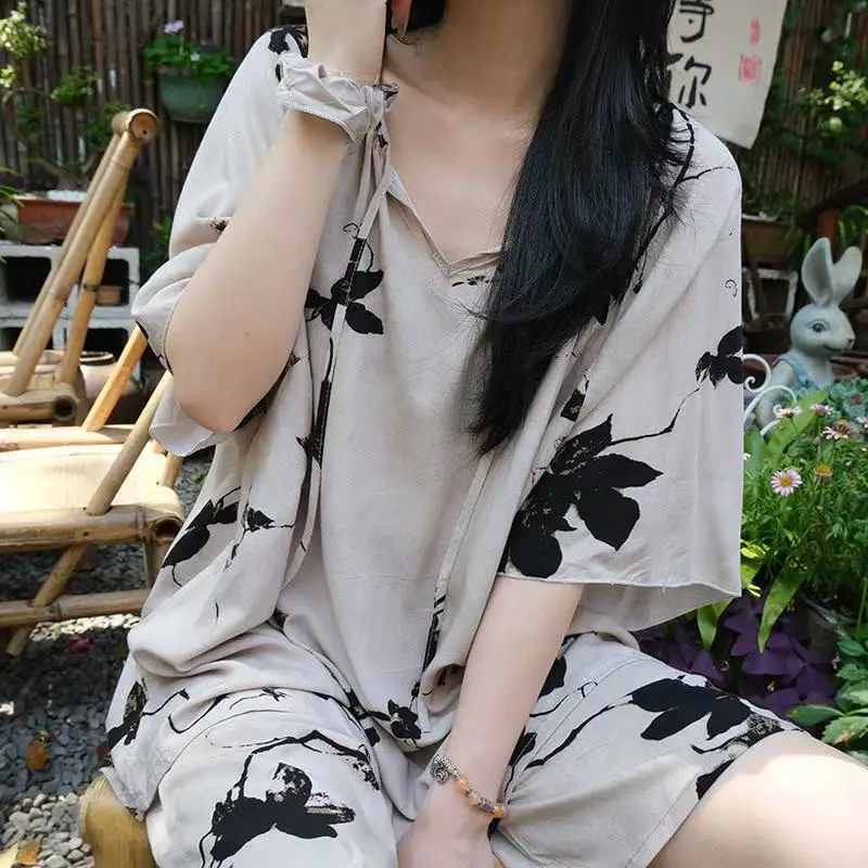 New Summer Cotton Silk Loose Pajamas for Women Summer Thin Women's Artificial Cotton Long-Sleeved Lazy Short-Sleeved Suit Home Clothes