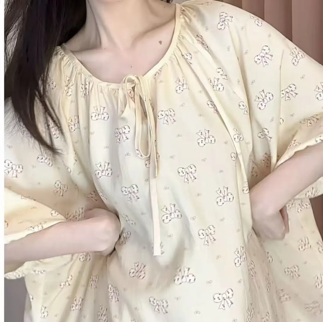 New Summer Cotton Silk Loose Pajamas for Women Summer Thin Women's Artificial Cotton Long-Sleeved Lazy Short-Sleeved Suit Home Clothes