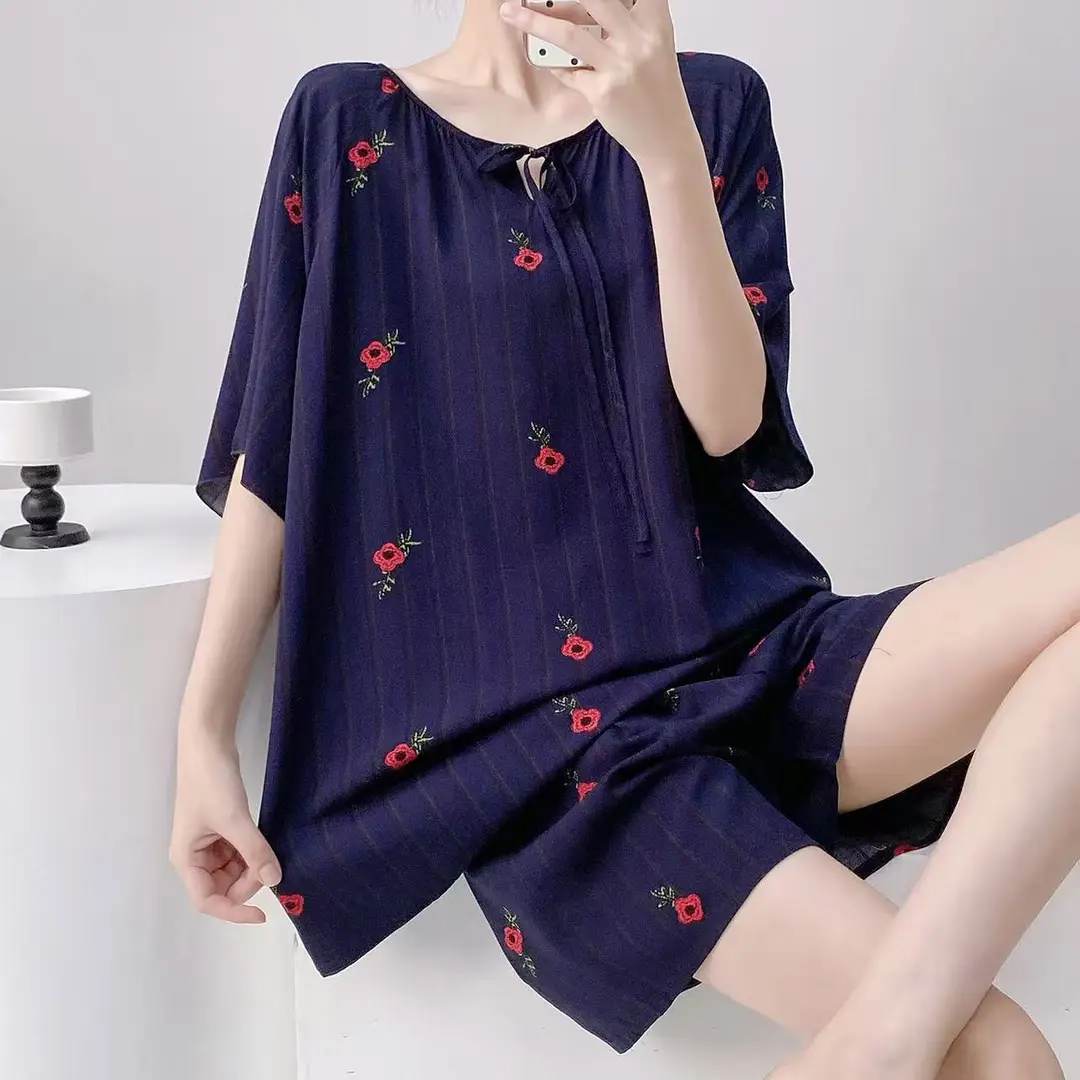 New Summer Cotton Silk Loose Pajamas for Women Summer Thin Women's Artificial Cotton Long-Sleeved Lazy Short-Sleeved Suit Home Clothes