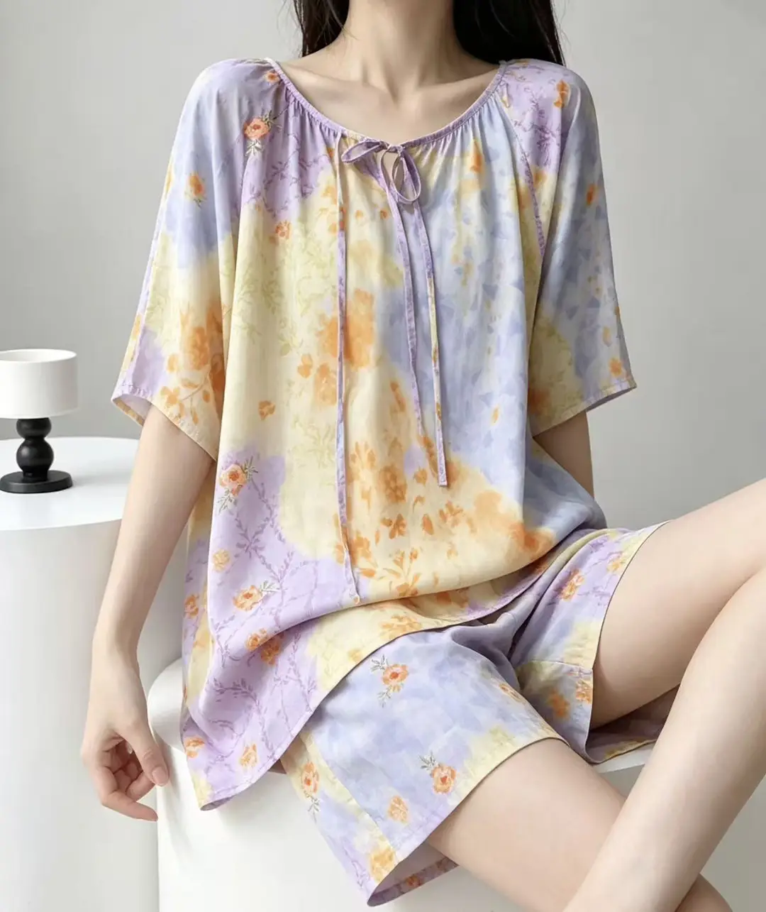 New Summer Cotton Silk Loose Pajamas for Women Summer Thin Women's Artificial Cotton Long-Sleeved Lazy Short-Sleeved Suit Home Clothes
