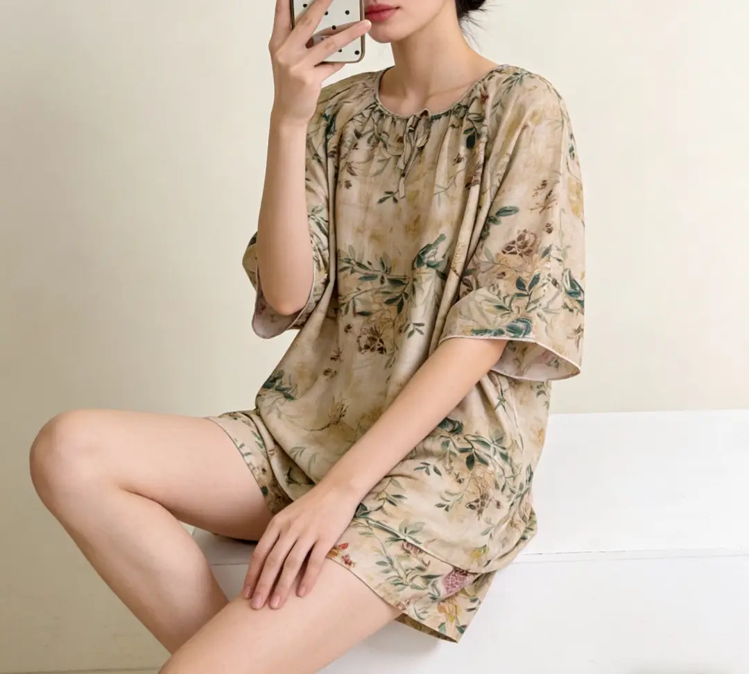 New Summer Cotton Silk Loose Pajamas for Women Summer Thin Women's Artificial Cotton Long-Sleeved Lazy Short-Sleeved Suit Home Clothes