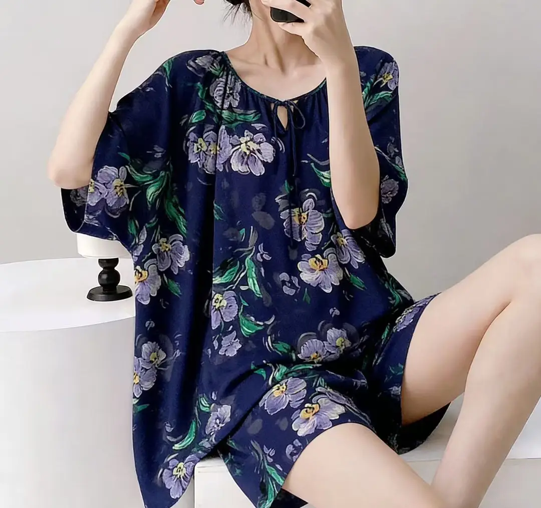New Summer Cotton Silk Loose Pajamas for Women Summer Thin Women's Artificial Cotton Long-Sleeved Lazy Short-Sleeved Suit Home Clothes