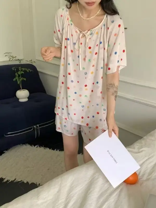 New Summer Cotton Silk Loose Pajamas for Women Summer Thin Women's Artificial Cotton Long-Sleeved Lazy Short-Sleeved Suit Home Clothes