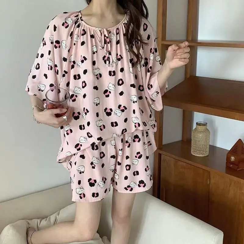 New Summer Cotton Silk Loose Pajamas for Women Summer Thin Women's Artificial Cotton Long-Sleeved Lazy Short-Sleeved Suit Home Clothes
