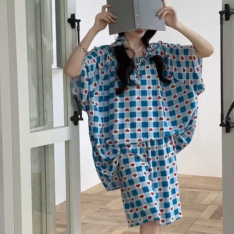 New Summer Cotton Silk Loose Pajamas for Women Summer Thin Women's Artificial Cotton Long-Sleeved Lazy Short-Sleeved Suit Home Clothes