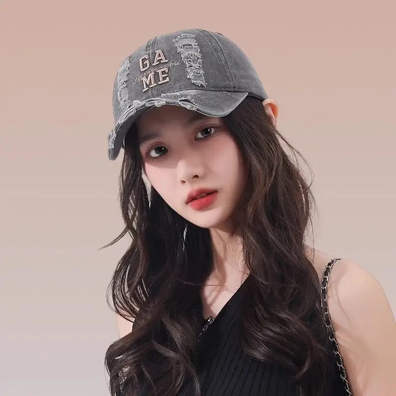 Women Ripped Cotton Duckbill Cap with Letter Embroidery - Image 10
