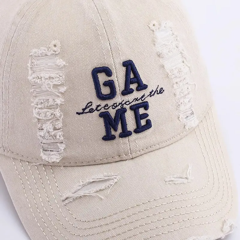 Women Ripped Cotton Duckbill Cap with Letter Embroidery — feature 1