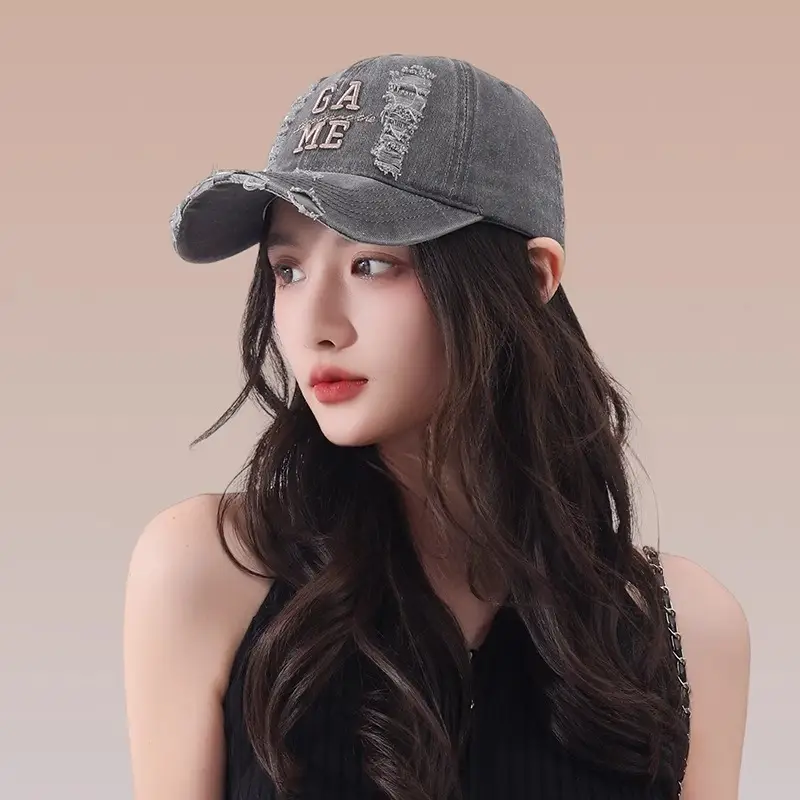 Women Ripped Cotton Duckbill Cap with Letter Embroidery — feature 11