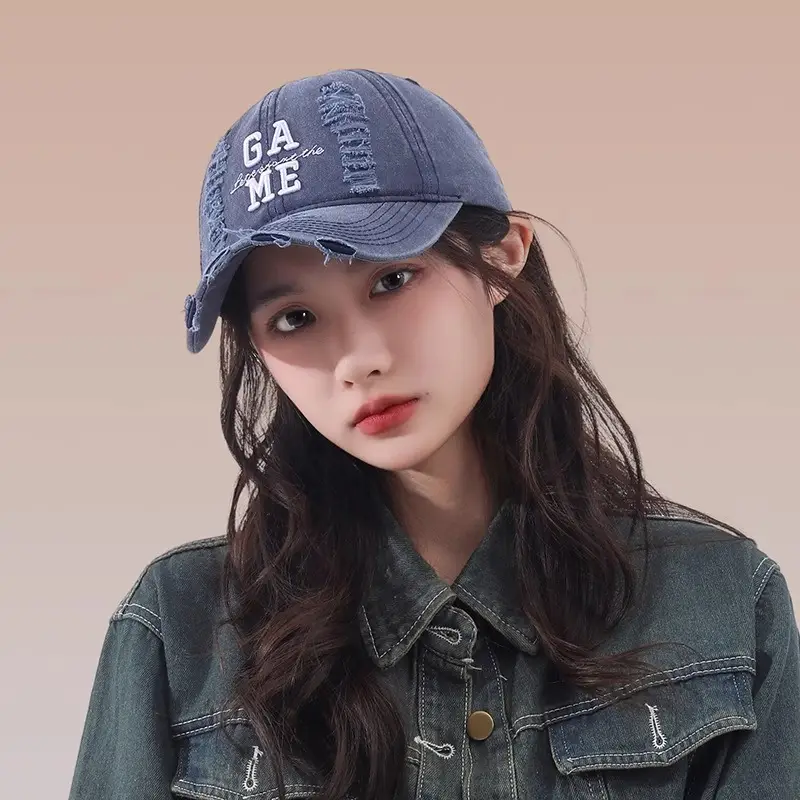Women Ripped Cotton Duckbill Cap with Letter Embroidery — feature 12