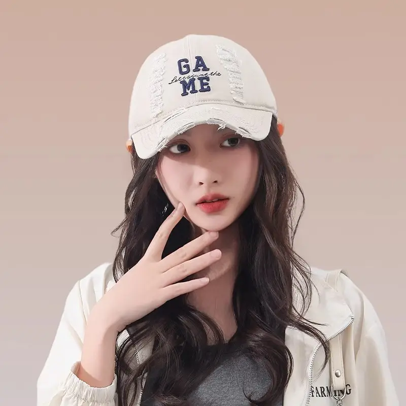 Women Ripped Cotton Duckbill Cap with Letter Embroidery — feature 5