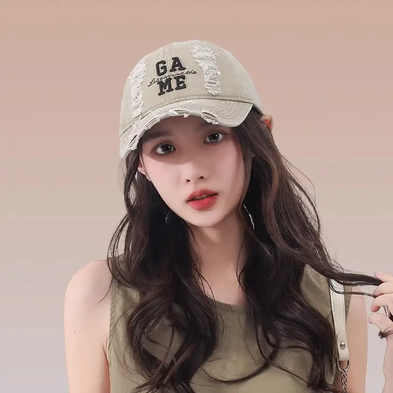 Women Ripped Cotton Duckbill Cap with Letter Embroidery — feature 6