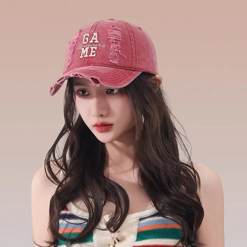 Women Ripped Cotton Duckbill Cap with Letter Embroidery — feature 8