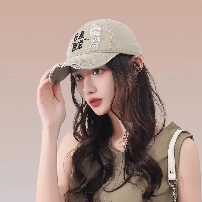 Women Ripped Cotton Duckbill Cap with Letter Embroidery - Image 4