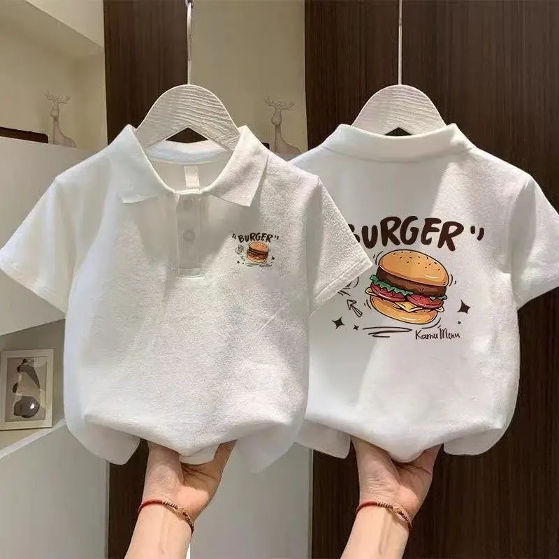 Boys' White Burger Graphic Polo Shirt Medium to XL — feature 7