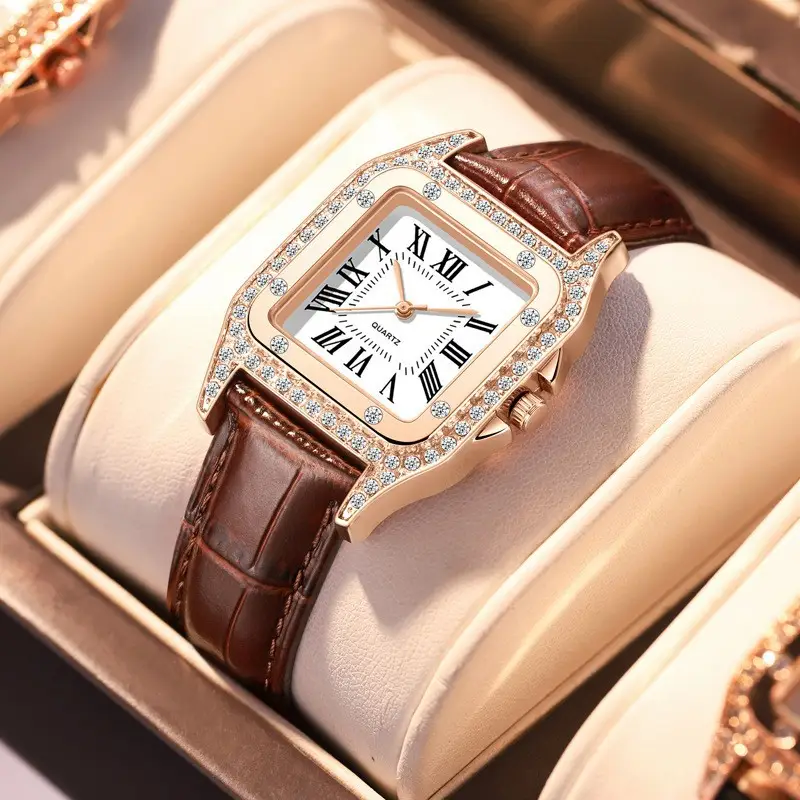 Women Rhinestone Square Watch White Strap Office Commute - Image 5