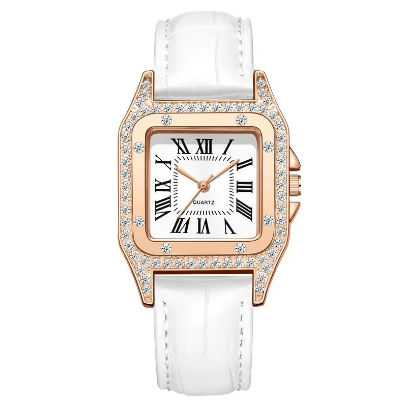 Women Rhinestone Square Watch White Strap Office Commute - Image 6