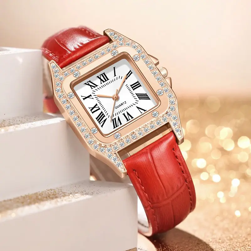 Women Rhinestone Square Watch White Strap Office Commute — feature 3