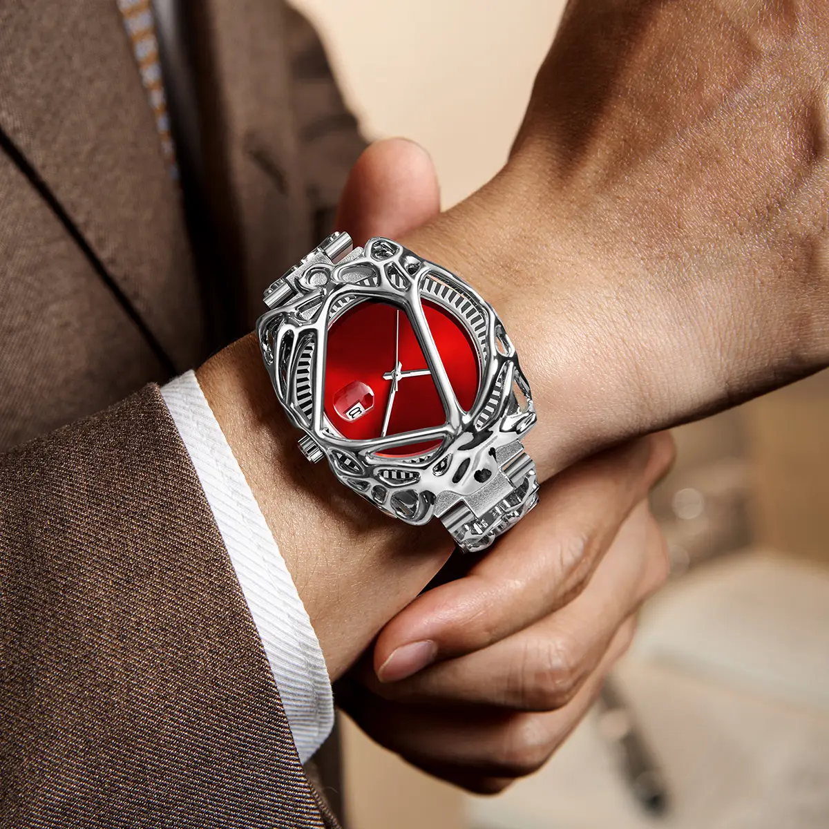 Retro Spider Web Watch for Men Red Dial Quartz - Image 8