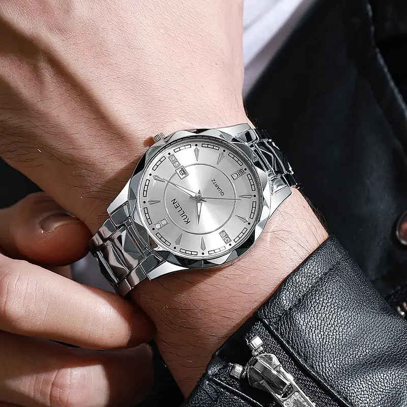 Men's Stainless Steel Calendar Watch with Chain Strap — feature 1