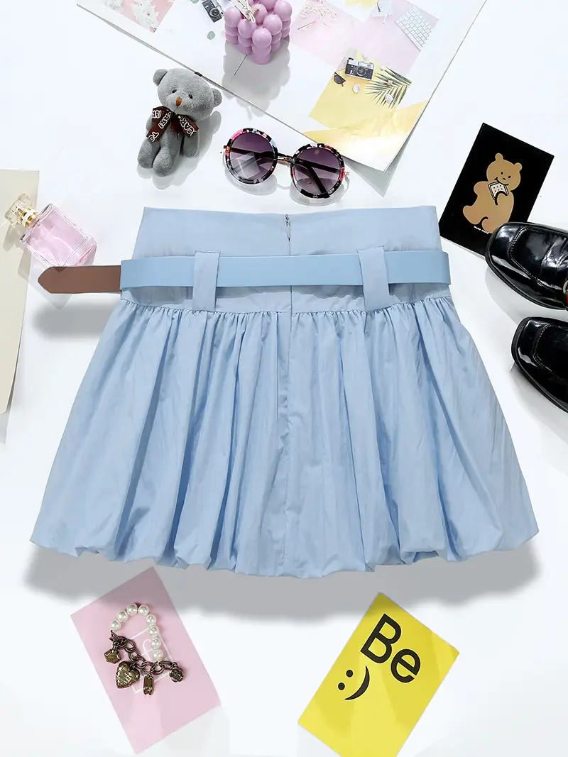 Blue Pleated Belted Skirt for Women Summer - Image 5