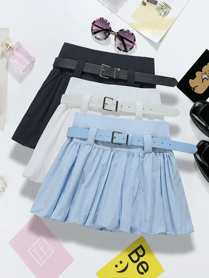 Blue Pleated Belted Skirt for Women Summer — feature 1