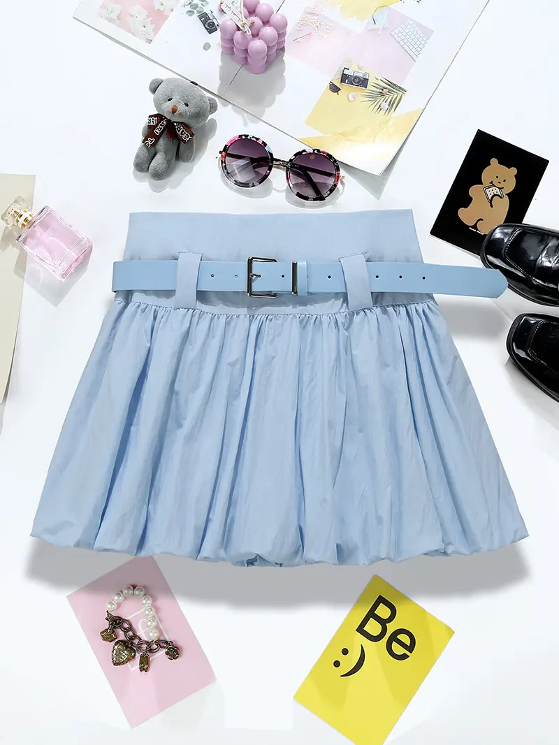 Blue Pleated Belted Skirt for Women Summer — feature 11