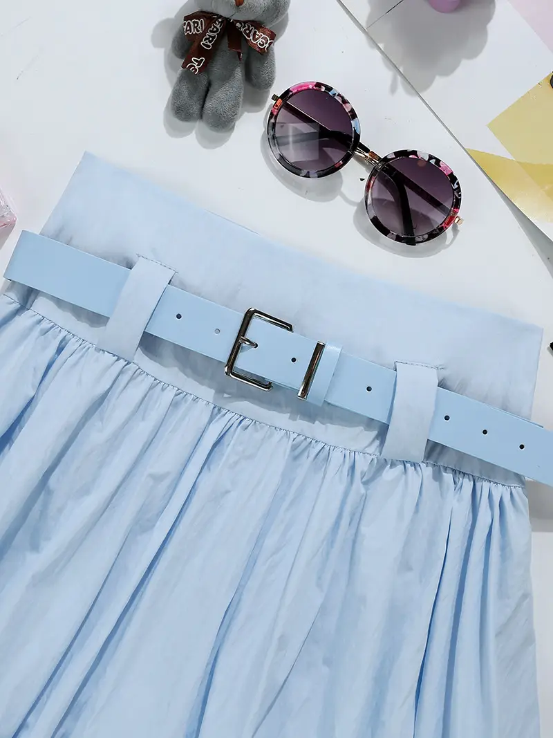 Blue Pleated Belted Skirt for Women Summer — feature 5
