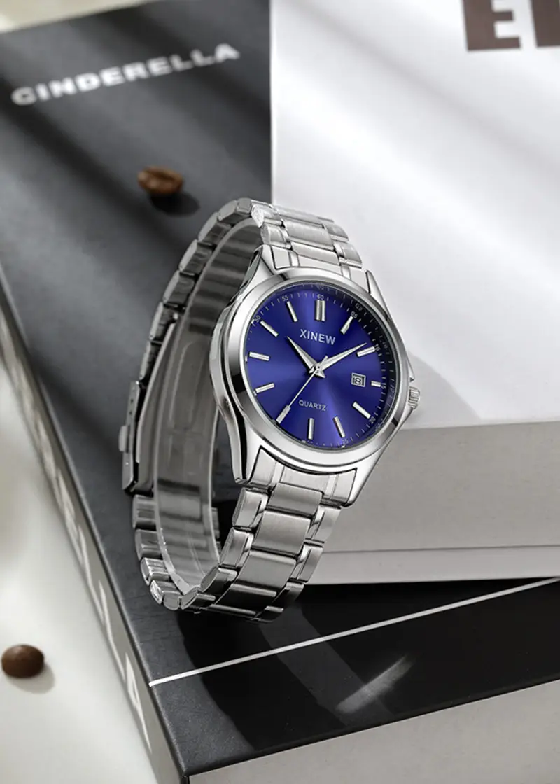 Men's Stainless Steel Band Date Quartz Watch Blue Dial — feature 10